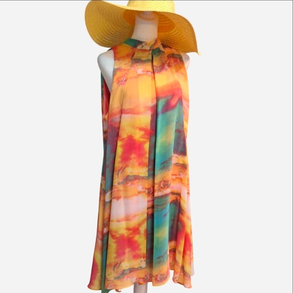 Women's summer midi shift dress, abstract multi colors, Size 14